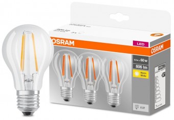 Bec OSRAM® LED FIL Star CLASA A E27 060, 7W/827 2700K non-dim pachet MULTIPACK. 3 buc, transparent, ean9290