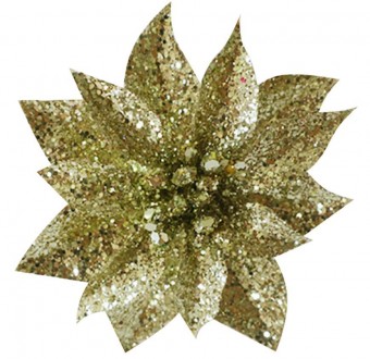 Decor Floare Glitter Poinsettia, cu clip, auriu, 9x8cm, 6 buc