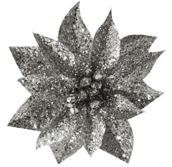Decor Floare Glitter Poinsettia, cu clip, argintiu, 9x8cm, 6 buc