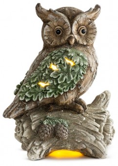 Decor MagicHome Crăciun, Bufniță pe trunchi, 9 LED, 3xAAA, ceramică, 31x21x42 cm