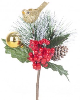Creangă decorativă MagicHome Crăciun, cu pasăre, roșu - auriu, 16 cm, pachet 6 buc