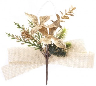 Ramura decorativa MagicHome Craciun, cu fluturi si panglica de iuta, auriu, 19 cm, pachet 6 buc.