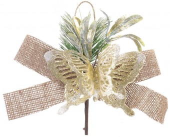 Ramura decorativa MagicHome Craciun, cu fluture si panglica de iuta, auriu, 18 cm, pachet 6 buc.