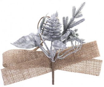 Ramura decorativa MagicHome Craciun, cu con de pin si panglica de iuta, auriu, 17 cm, pachet 6 buc.