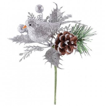 Creangă decorativa cu pasare, argintiu 17cm, 6 buc