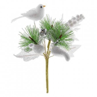 Creangă decorativă cu pasăre, albă 18cm, 6 buc