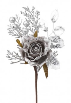 Ramura decorativa cu trandafir, gri, 26cm, 6 buc