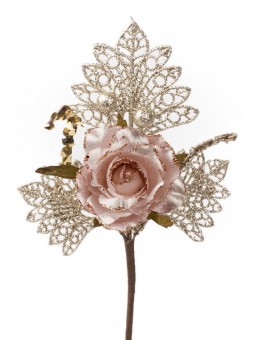 Ramura decorativa cu trandafir, roz - auriu, 26cm, 6 buc