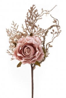 Ramura decorativa cu trandafir, roz - auriu, 26cm, 6 buc