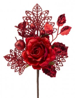 Ramura decorativa cu trandafir, rosu, 25,5 cm, 6 buc