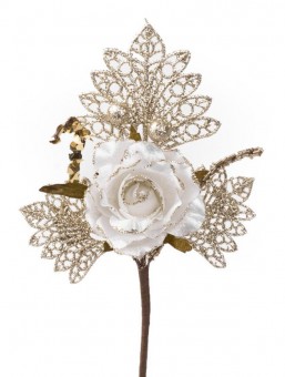 Ramura decorativa cu trandafir, alb - auriu, 26cm, 6 buc