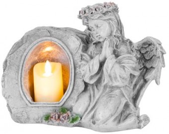 Decor MagicHome, Înger care se roagă cu lumânare, 1xLED, polirășină, pentru mormânt, 28x13x21,5 cm
