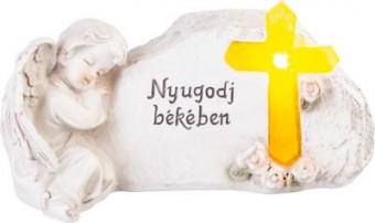 Decor MagicHome, Înger cu cruce, polirășină, pentru mormânt, solar, 20,5x11x11 cm, cu nume maghiară