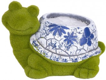 Decor MagicHome, broasca testoasa cu ghiveci de flori, ornament albastru, ceramica, 33x24x23 cm