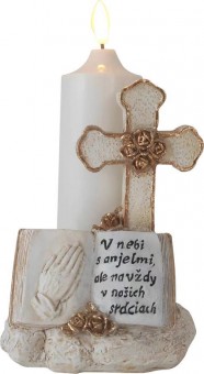 Decor MagicHome, Cruce cu lumânare, LED, polirășină, pentru mormânt, 2xAA, 11,5x11,5x18 cm