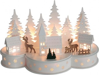 Decor de Crăciun MagicHome, Sat cu căprioare, 10 LED alb cald, 2xAA, MDF, 30x14x19,5 cm