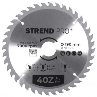 Disc Strend Pro TCT 190x2,4x30/20 mm 40T, pentru lemn, ferăstrău