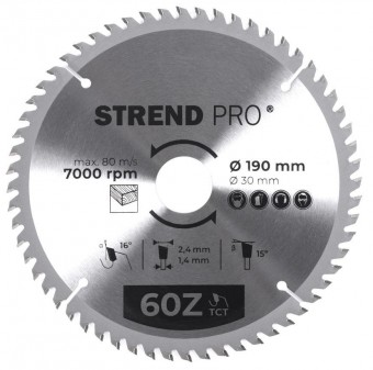Disc Strend Pro TCT 190x2,4x30/20 mm 60T, pentru lemn, ferăstrău