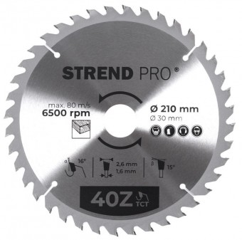 Disc Strend Pro TCT 210x2,6x30/20 mm 40T, pentru lemn, ferăstrău