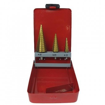 Set de burghie Strend Pro SS421, 4-12, 4-20, 4-32 mm, TiN, HSS 4241, treptat, drept, pentru metal