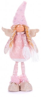Figurina de Craciun MagicHome, Inger cu impletituri blonde, stofa, roz-maro, 17,50x10x44 cm