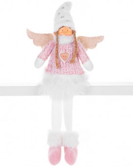 Figurină de Crăciun MagicHome, Înger cu fustă scurtă albă, material, roz-alb, 23x12x59 cm