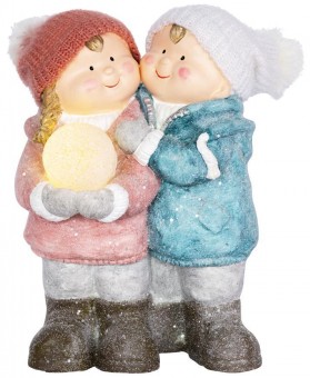 Figurină MagicHome Crăciun, Băiat și fată cu bulgăre de zăpadă, 1 LED, ceramică, 27,5x23x40 cm