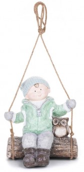 Figurină MagicHome Crăciun, Băiat pe leagăn cu bufniță, agățat, ceramică, 34,5x25,5x39,5 cm