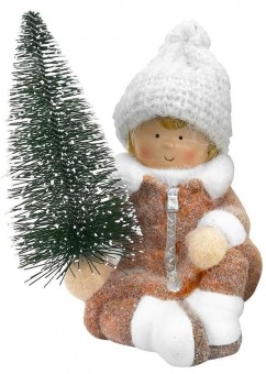 Figurină de Crăciun MagicHome, Băiat cu brad, teracotă, 14,5x13x17 cm