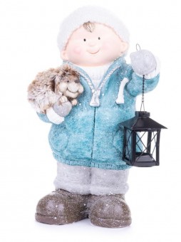 Figurină MagicHome Crăciun, Băiat cu lanternă și arici, ceramică, 23x20x39,5 cm