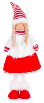 Figurină de Crăciun MagicHome, Fată în rochie, material, roșu-alb, 17x13x48 cm