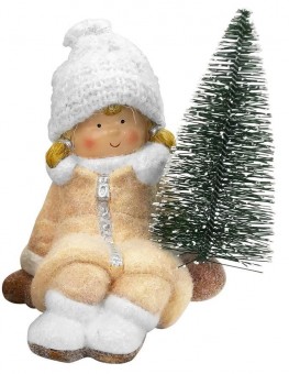 Figurină de Crăciun MagicHome, Fată cu brad, teracotă, 14,5x13x17 cm