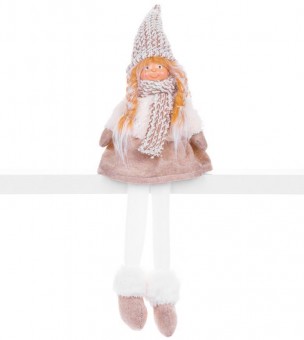Figurină de Crăciun MagicHome, Fată cu pălărie, material, maro-alb, 17x12x54 cm