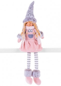 Figurină de Crăciun MagicHome, Fată cu pălărie înaltă, material, roz-gri, 17x12x54 cm