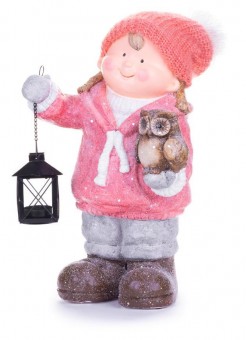 Figurină MagicHome Crăciun, Fată cu felinar și bufniță, ceramică, 28x18,5x39,5 cm