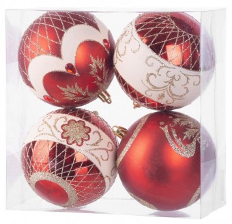 Globuri MagicHome Christmas, 4 buc, rosu, cu ornamente, pe brad, 10 cm