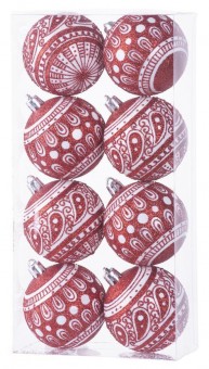 Globuri MagicHome Christmas, 8 buc, 6 cm, rosu cu ornament alb, pe brad