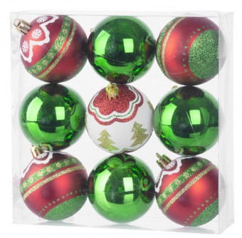 Globuri MagicHome Christmas, 9 buc, rosu - verde, cu decor, pe brad, 6 cm