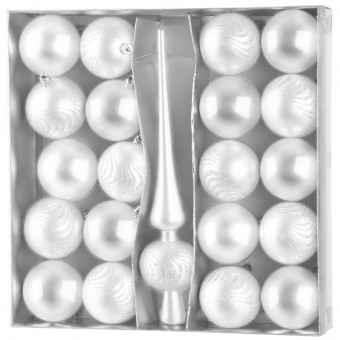 Globuri MagicHome Craciun, set, 21 buc, 6 cm, alb, topper brad, pe brad