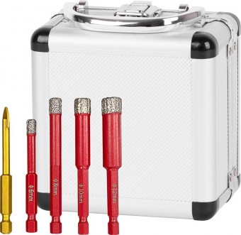 Set de tăietori Strend Pro Premium, 6-8-10-12 mm, HEX, burghie pentru sticlă de 6 mm, diamant, coroane, profesional