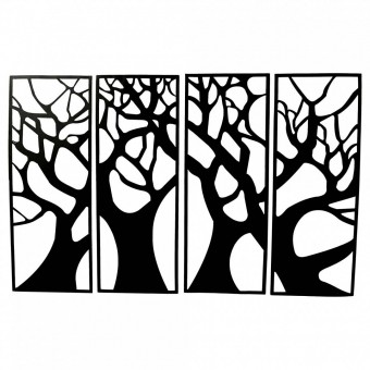 Set 4 decoratiuni metalice, de perete Krodesign 4 Panel Tree, Inaltime 76 cm, negru