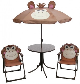 Set LEQ MELISENDA Mono, maimuță, umbrelă de soare 105 cm, masă 50 cm, 2 scaune. pentru copii