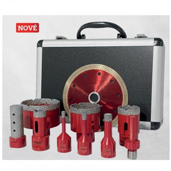Set tăietori Strend Pro Premium, 6-8-10-20-35-50-68 mm, adaptor, lupă pentru orificii, disc, M14, diamant, coroane, profesional