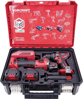 Set Worcraft XCUBE001 Toolbox, șurubelniță + polizor unghiular 125 mm, 2x baterie 4,0 Ah, 1x încărcător