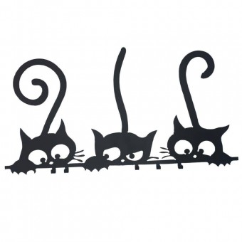Suport chei cu 5 agatatori, Krodesign Three Cats KRO-1129, 60x30 cm, Negru