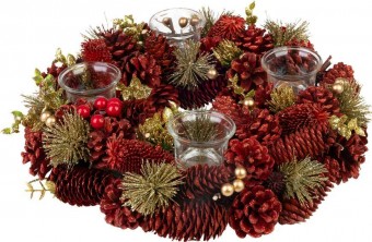 Coronita de Craciun MagicHome, naturala, rosu, Advent, 37x9 cm