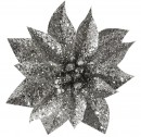 Decor Floare Glitter Poinsettia, cu clip, argintiu, 9x8cm, 6 buc