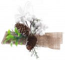 Ramura decorativa MagicHome Craciun, cu conuri de pin si panglica de iuta, alba, 15 cm, pachet 6 buc.
