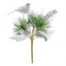 Creangă decorativă cu pasăre, albă 18cm, 6 buc