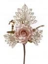 Ramura decorativa cu trandafir, roz - auriu, 26cm, 6 buc